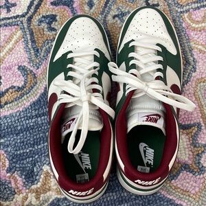 Red and green Nike dunks